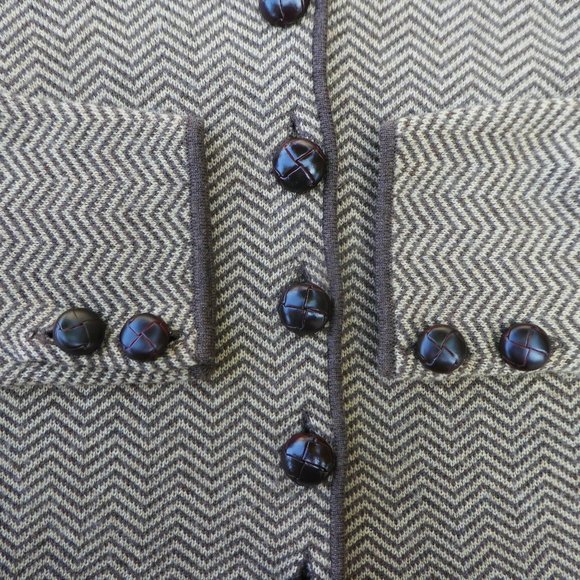 Vintage Merino Chevron Knit Sweater Blazer Brown Beige Knit Buttons Suede Patch - Picture 6 of 7